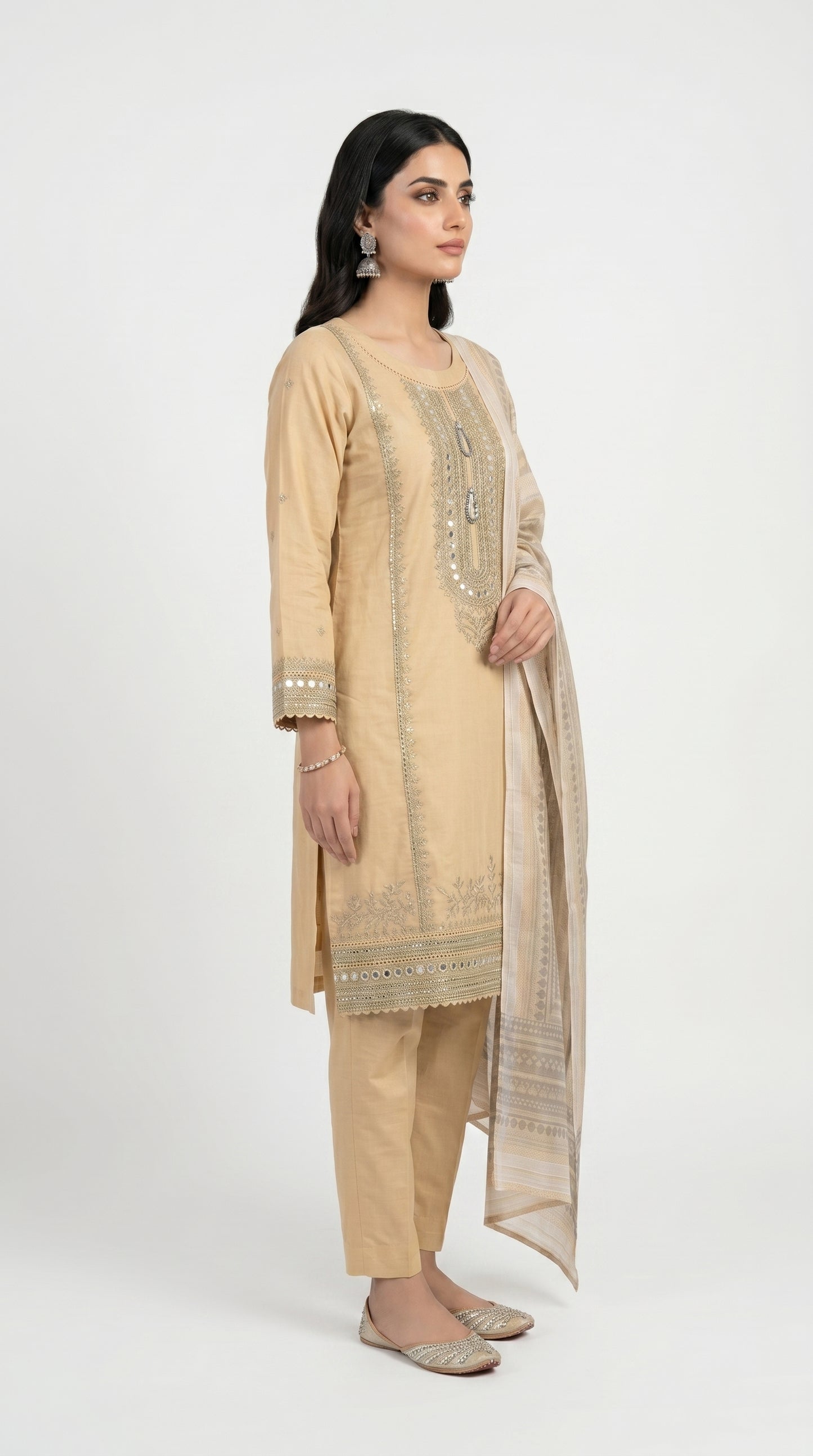 Golden Beige Mirror Work Suit Stich