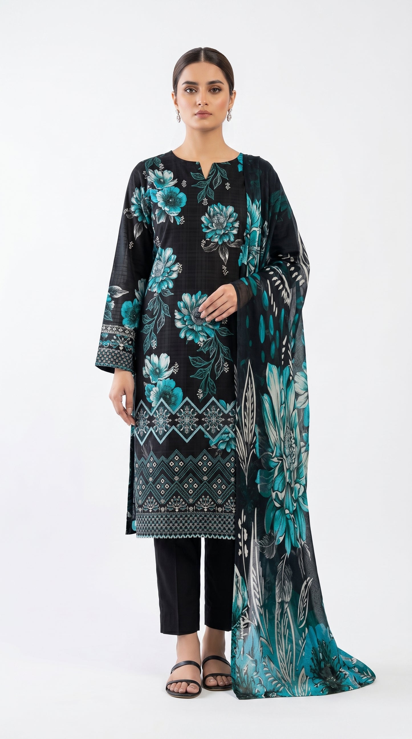 Black Blossom Lawn Suit unstiched