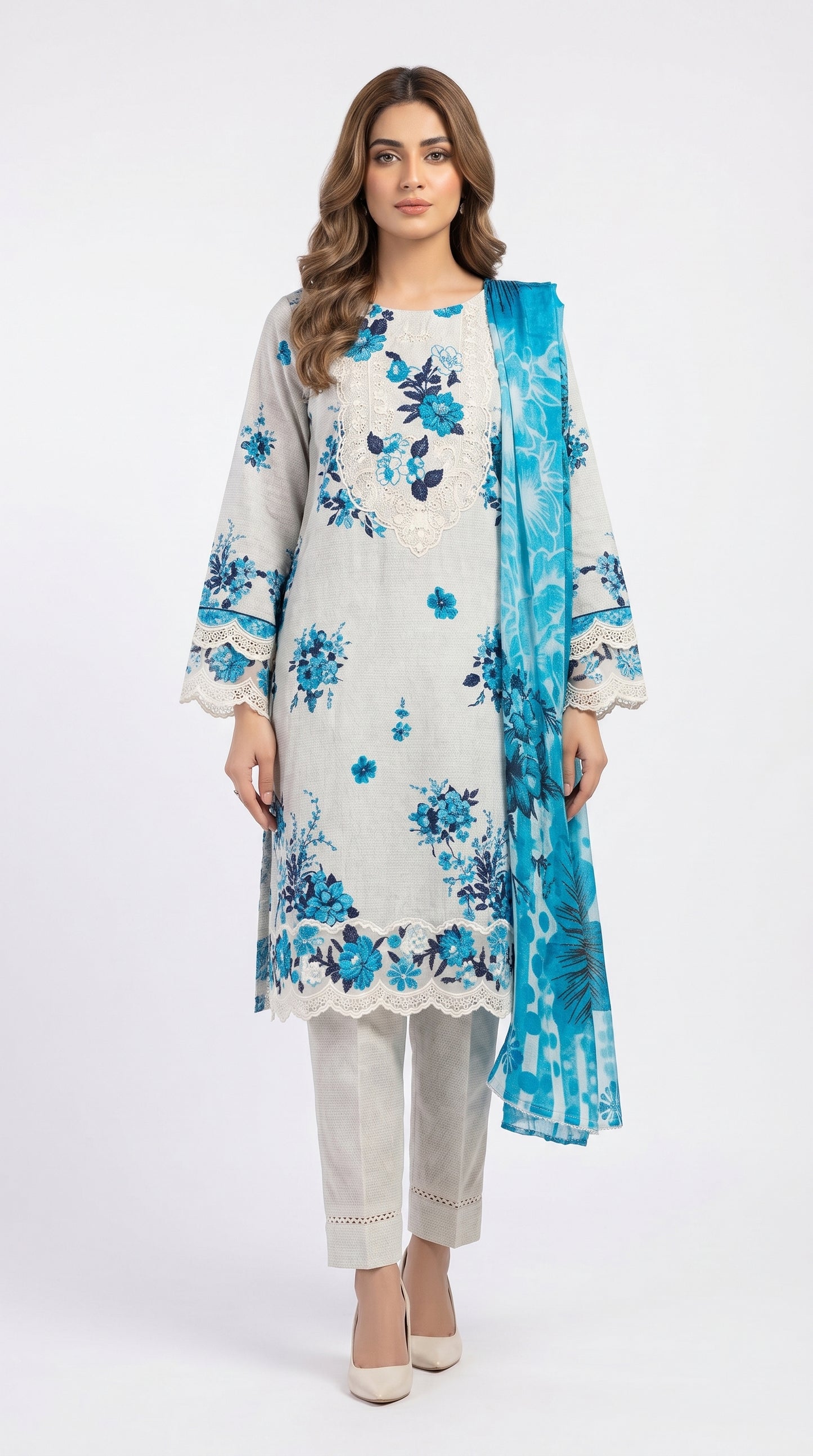 Blue Floral Cutshape Lawn Suit Unstich
