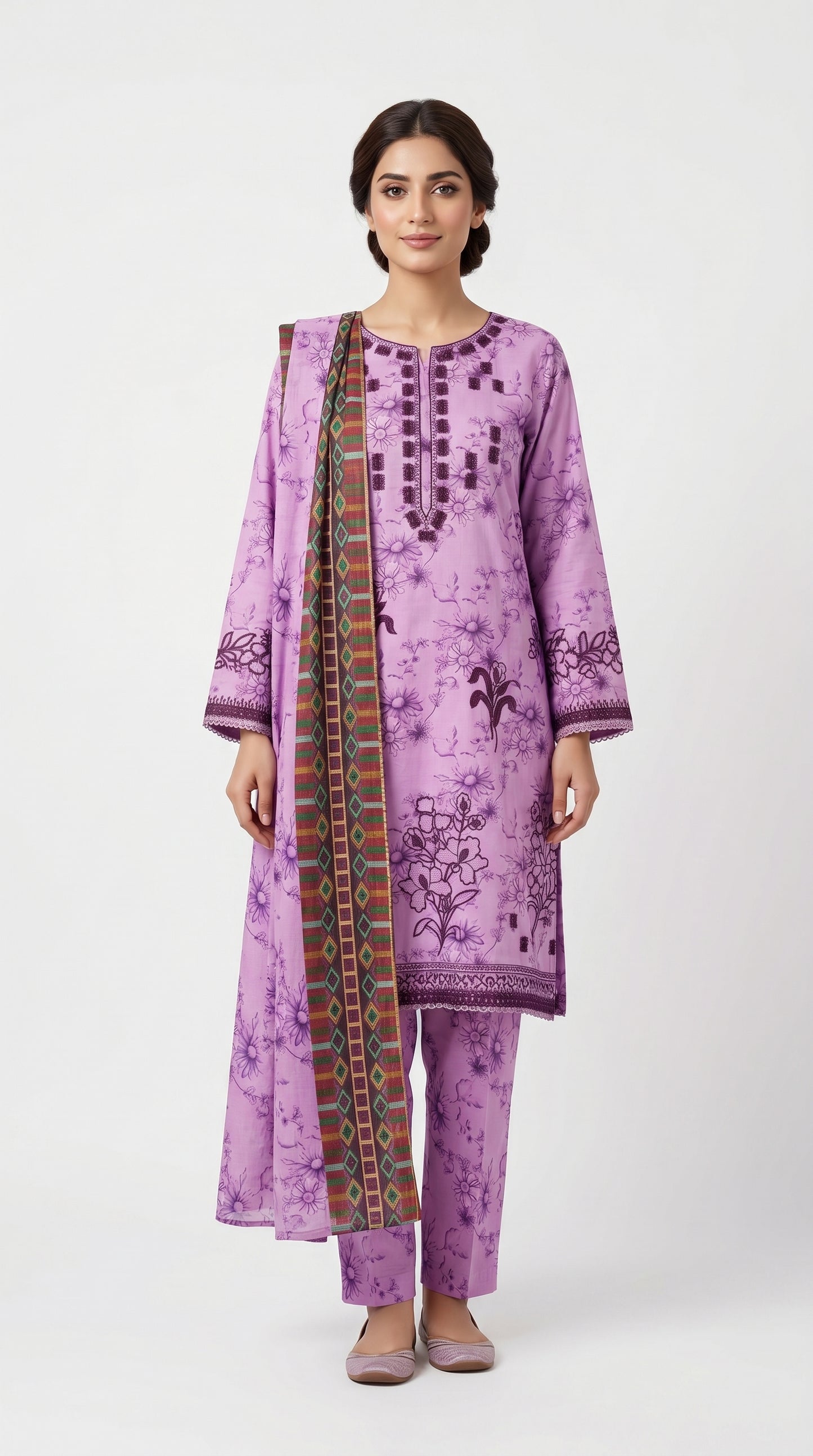 Pink Floral Printed Embroidered Suit stich