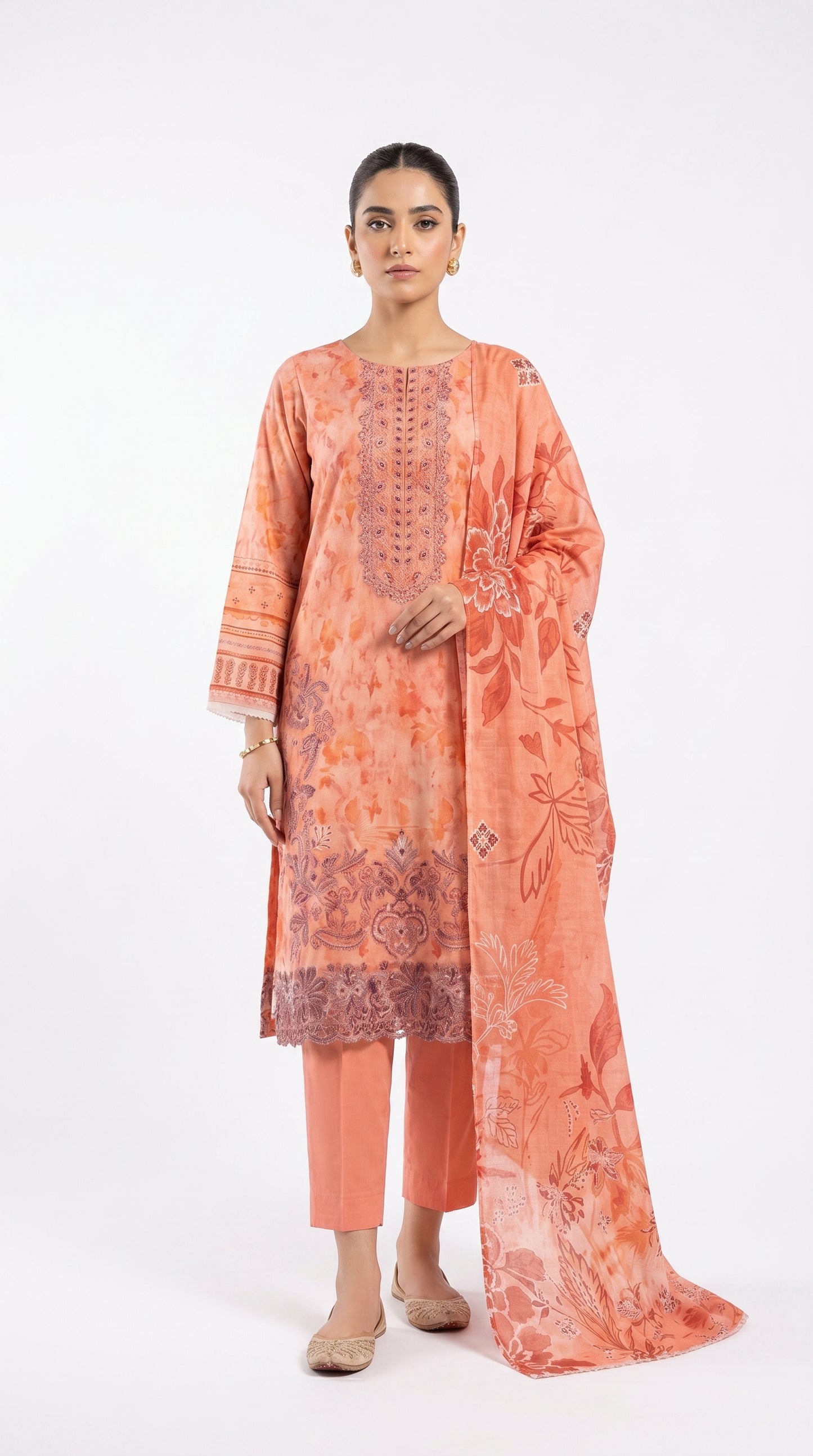 Peach Floral Embroidered Suit unstich