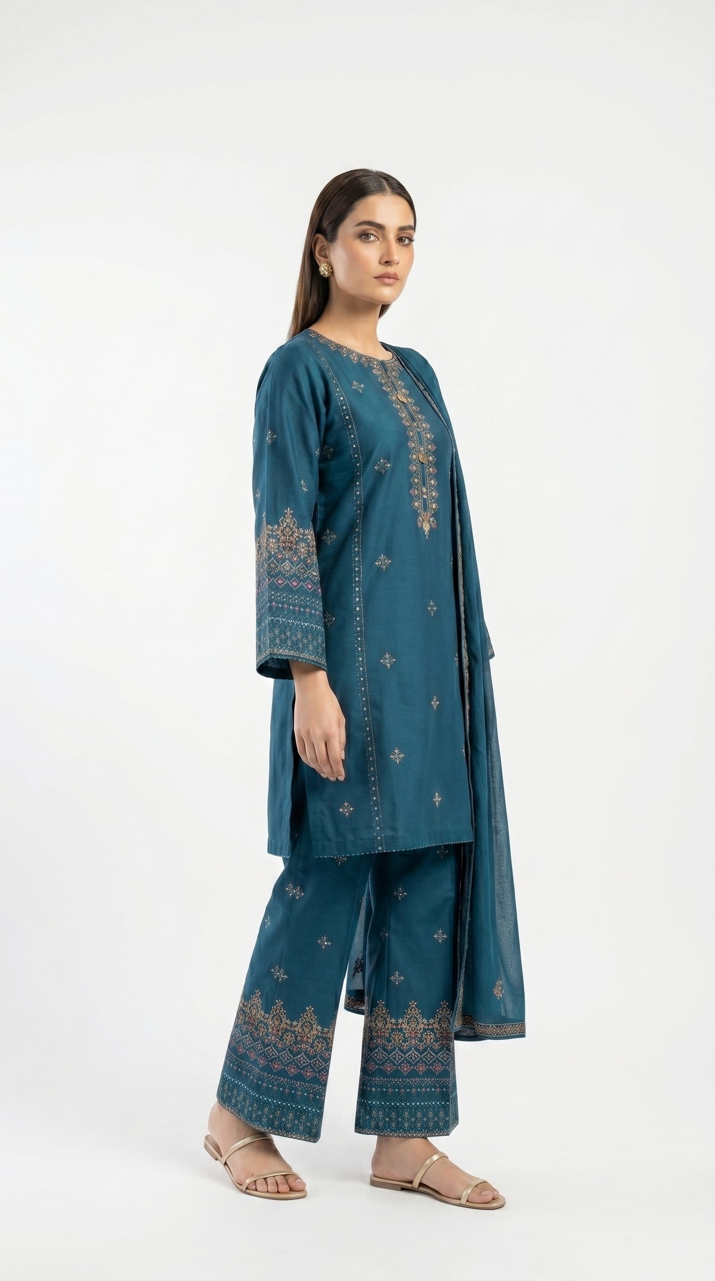 Teal Blue Embroidered Suit Stich