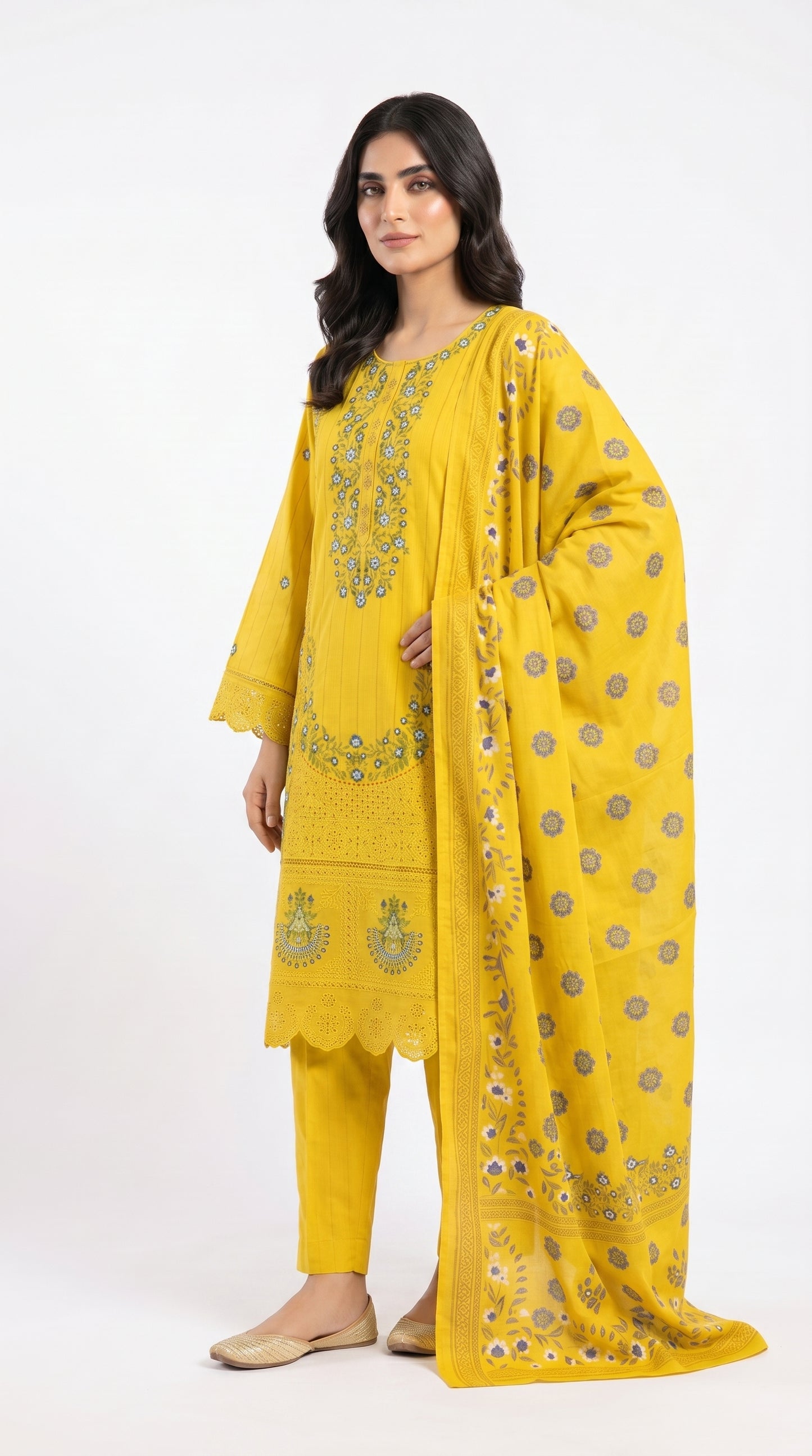 Yellow Schiffli Embroidered Lawn Suit stich