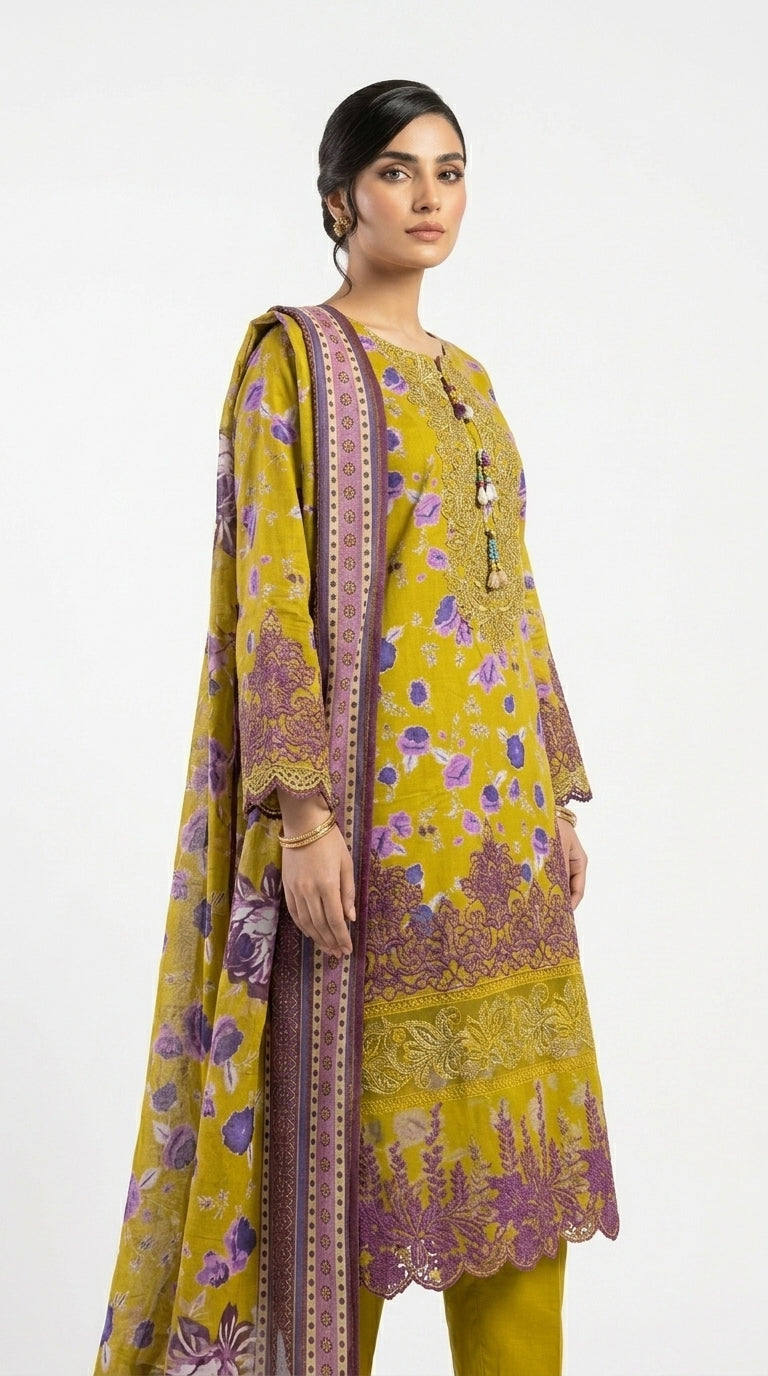 Chartreuse Green Purple Floral Printed Lawn Suit stich