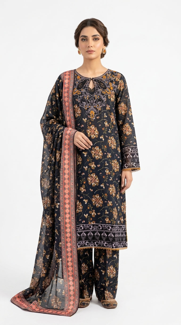 Black Gold Floral Printed Embroidered Lawn Suit stich