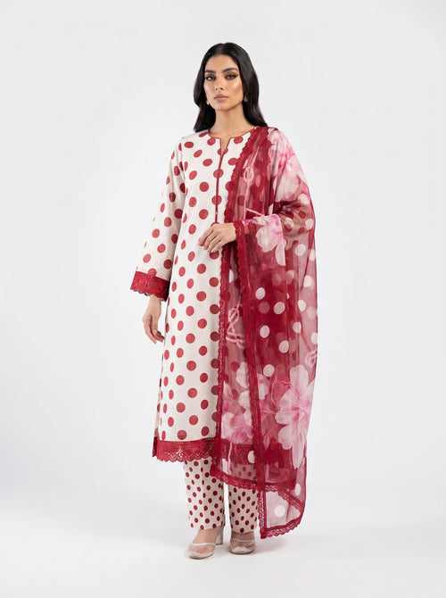 Crimson Dot Elegance — 3-Piece Unstitched Suit