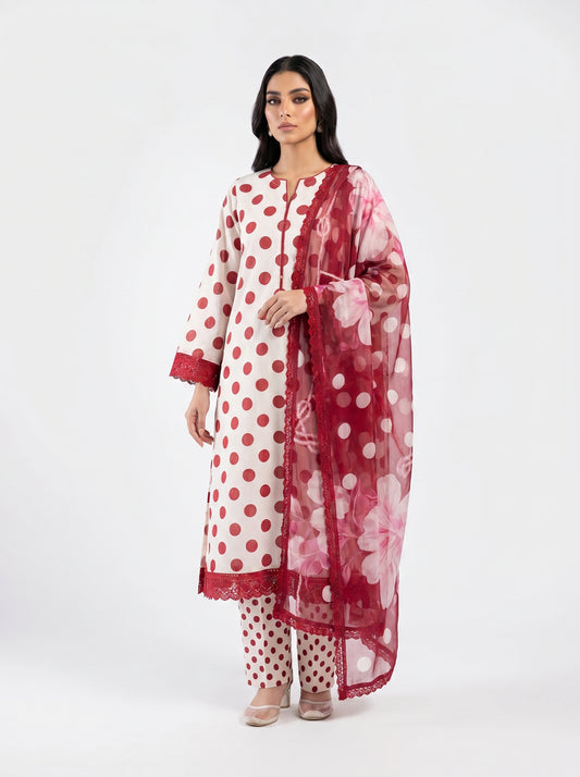 Crimson Dot Elegance — 3-Piece Unstitched Suit