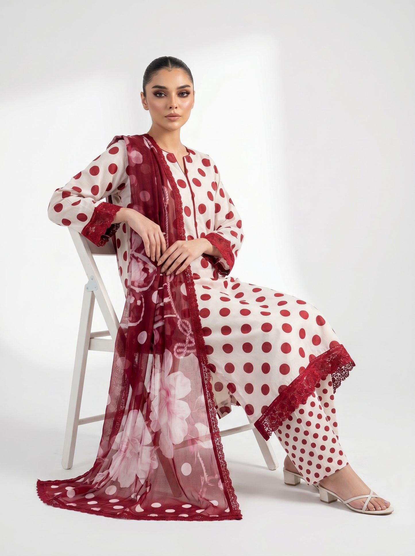 Crimson Dot Elegance — 3-Piece Unstitched Suit
