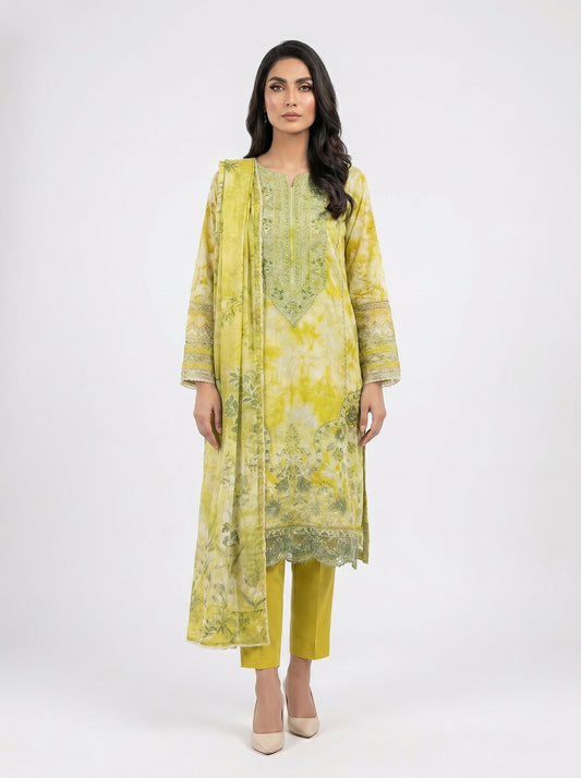 Yellow Floral Embroidered 3 piece suit unstiched