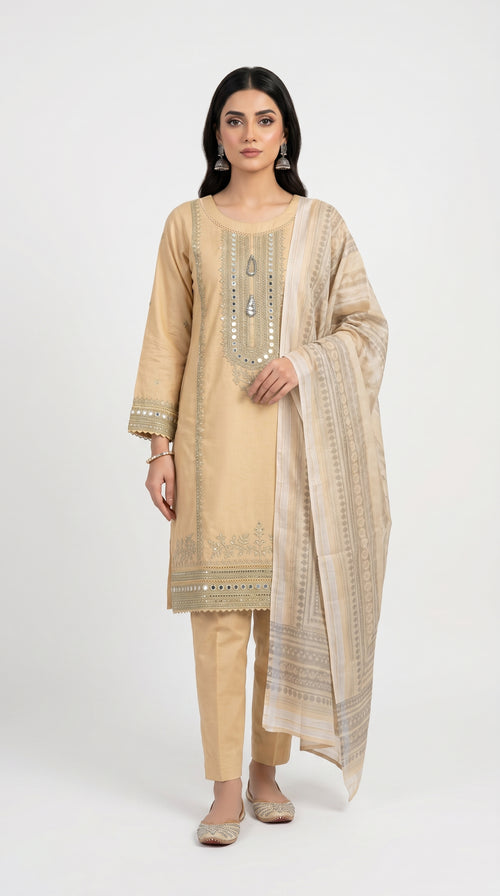 Golden Beige Mirror Work Suit Stich