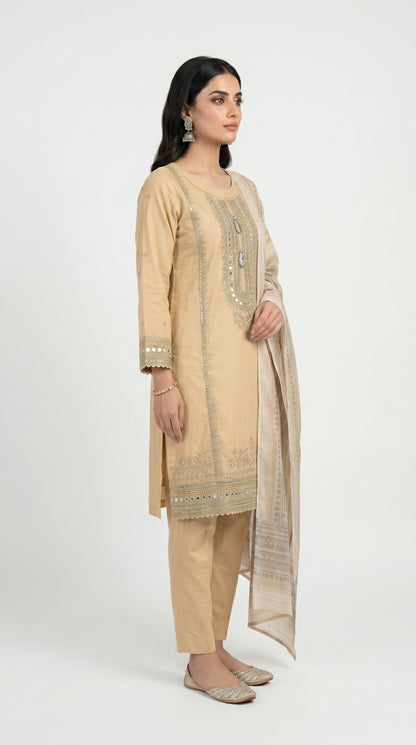 Golden Beige Mirror Work Suit Stich