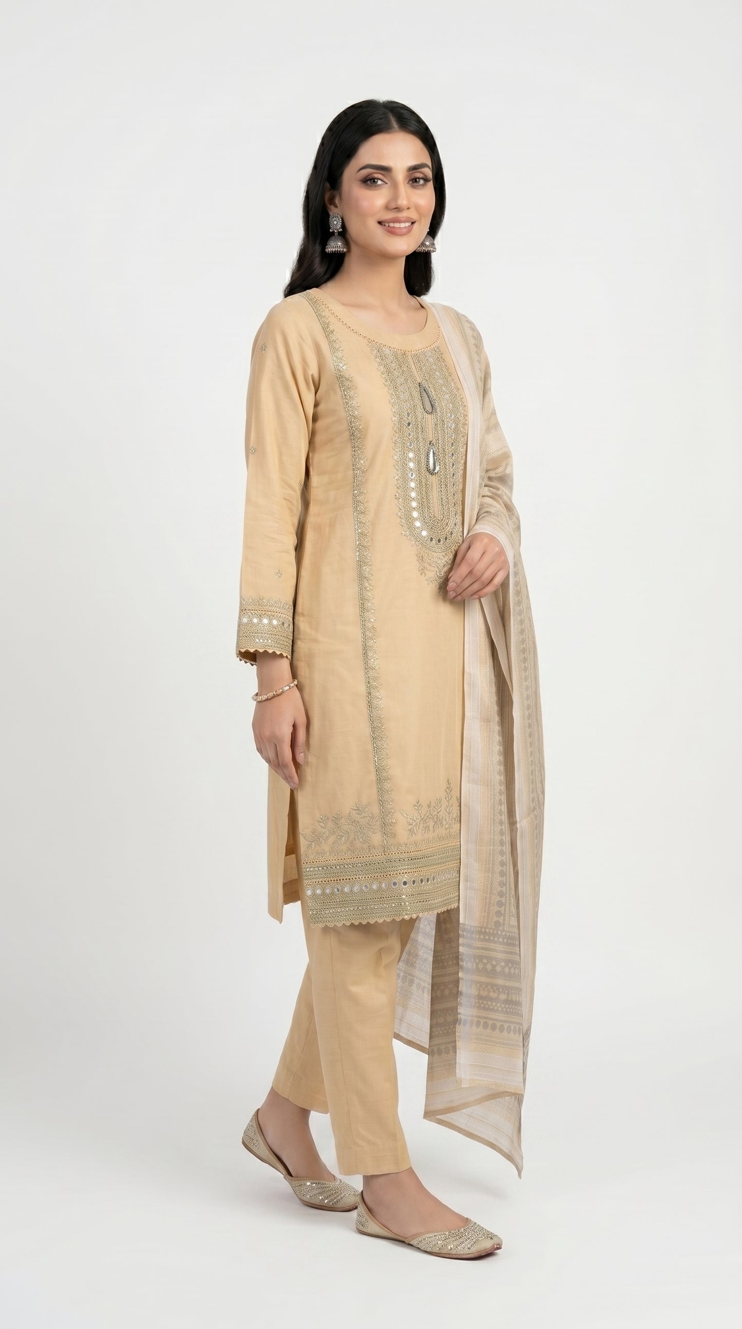 Golden Beige Mirror Work Suit Stich