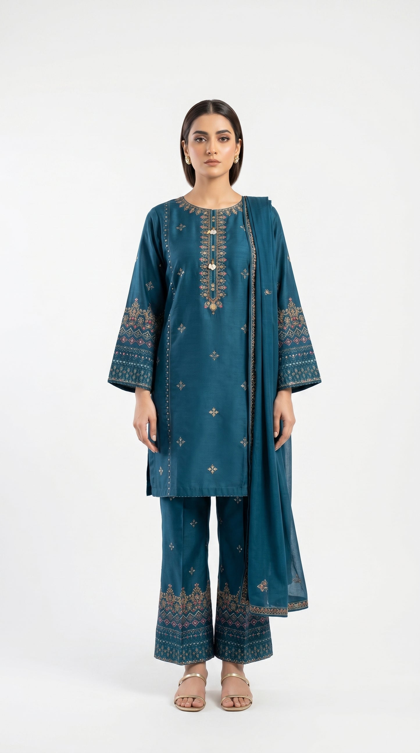 Teal Blue Embroidered Suit Stich