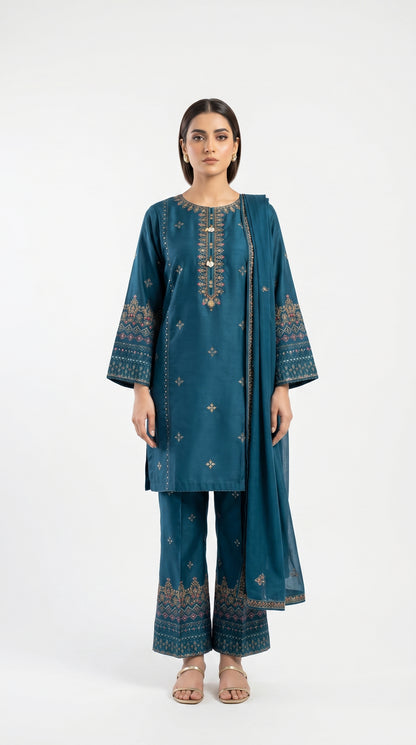 Teal Blue Embroidered Suit Stich