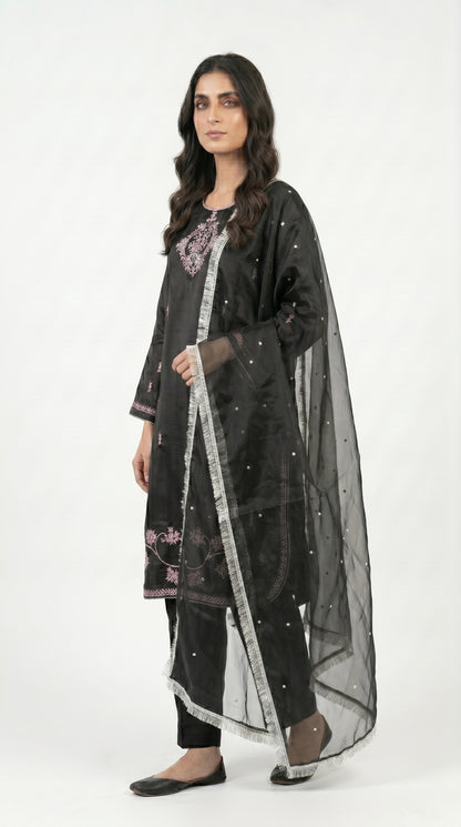 Black Silk Embroidered Suit Fancy stich