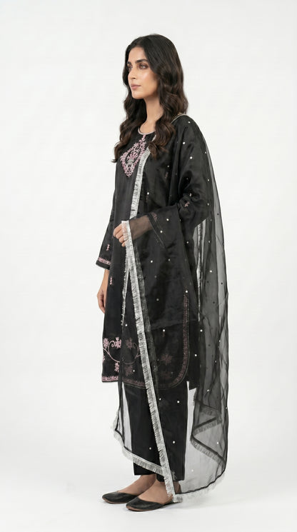 Black Silk Embroidered Suit Fancy stich