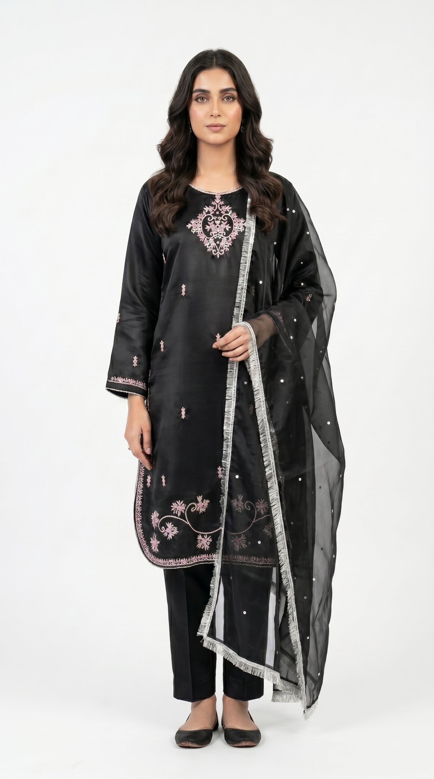 Black Silk Embroidered Suit Fancy stich