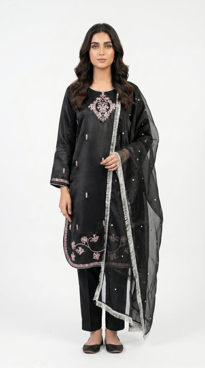 Black Silk Embroidered Suit Fancy stich