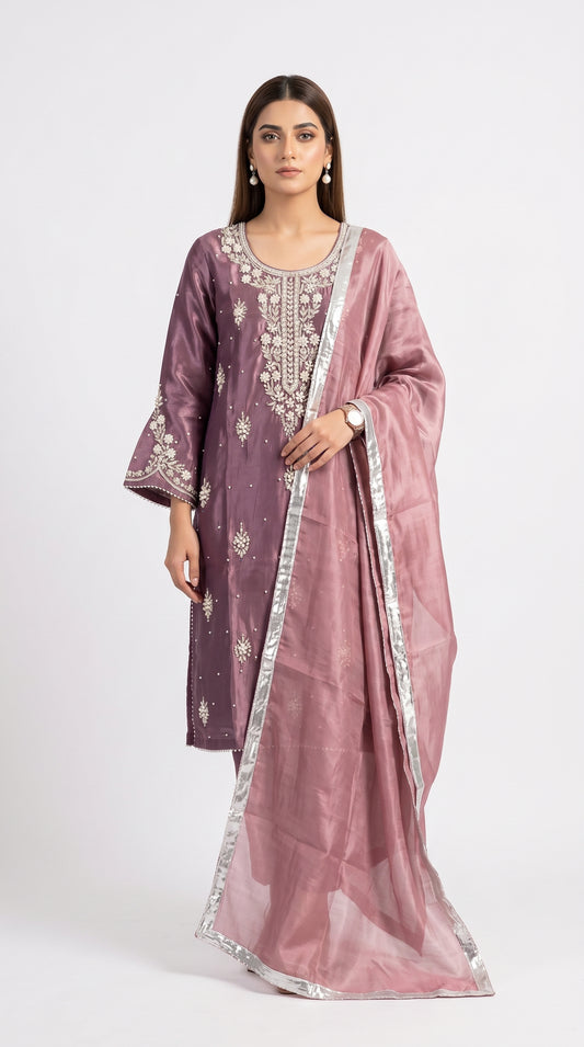 Mauve Purple Pearl Embroidered Silk Suit stich