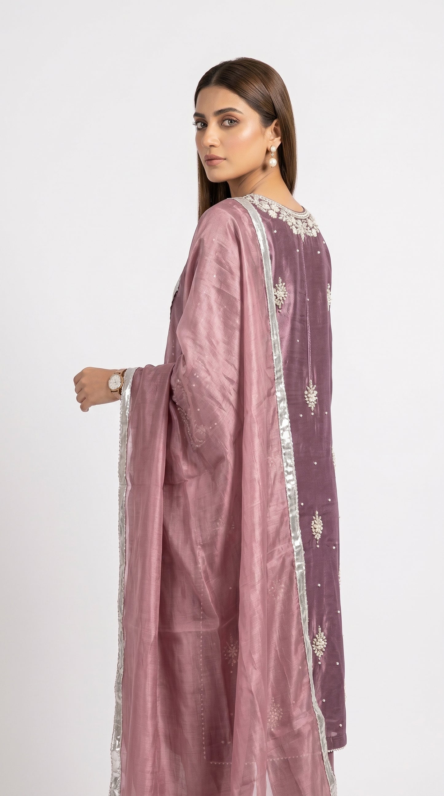 Mauve Purple Pearl Embroidered Silk Suit stich