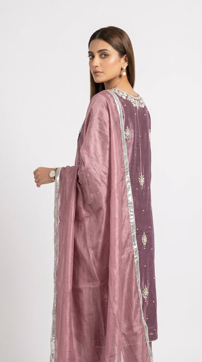 Mauve Purple Pearl Embroidered Silk Suit stich