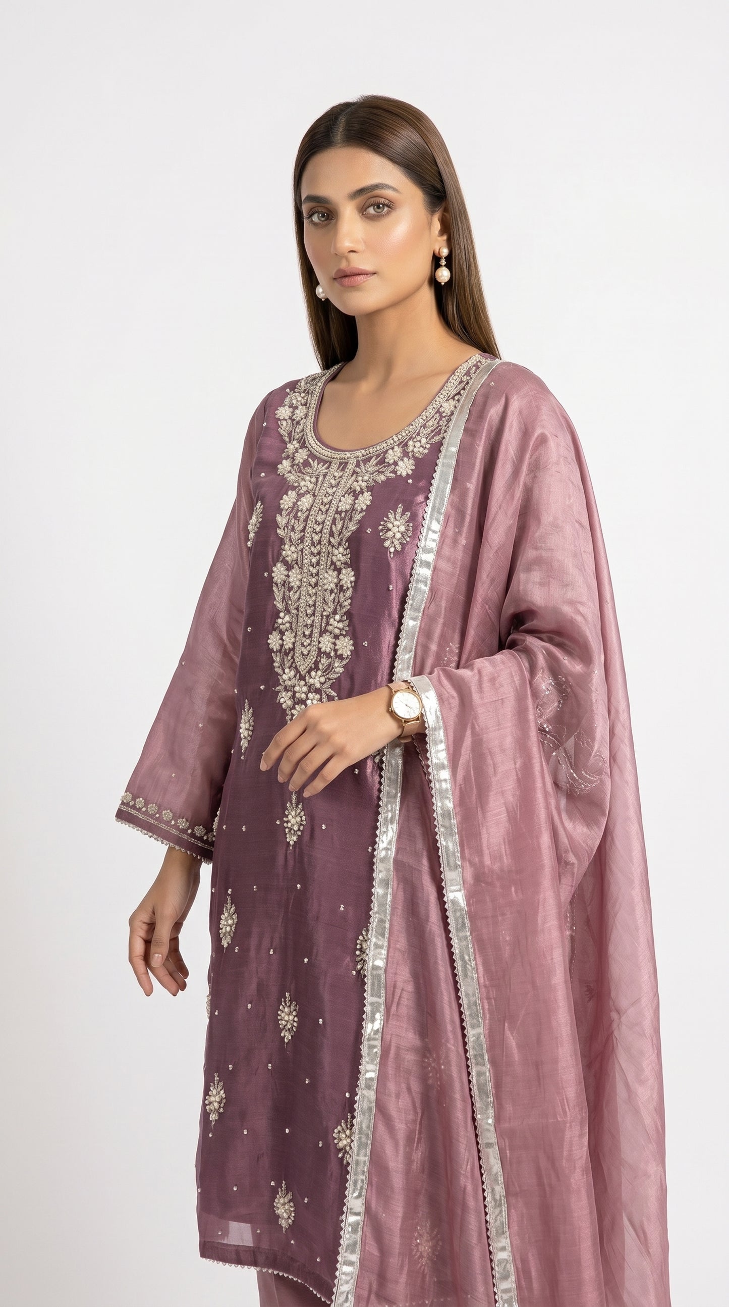 Mauve Purple Pearl Embroidered Silk Suit stich