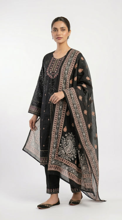 Black Embroidered Lawn Suit with Printed Dupatta