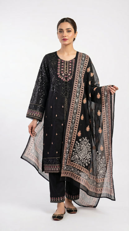 Black Embroidered Lawn Suit with Printed Dupatta