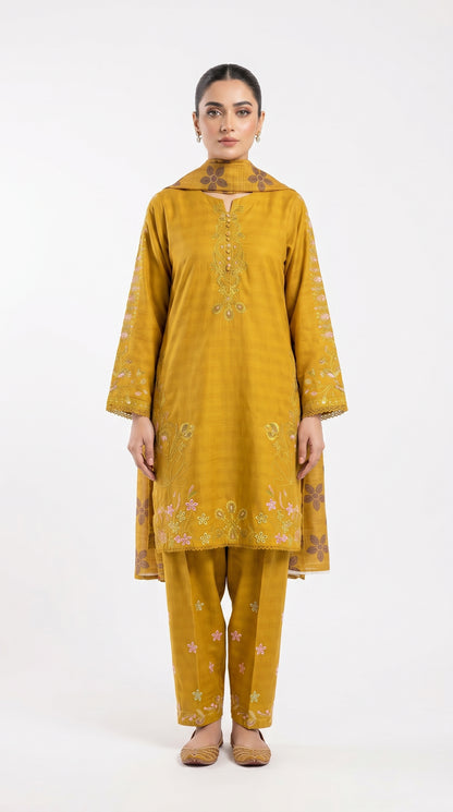 Mustard Floral Embroidered Suit Stich