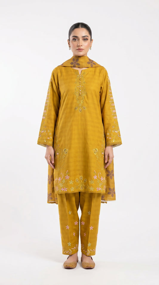 Mustard Floral Embroidered Suit Stich