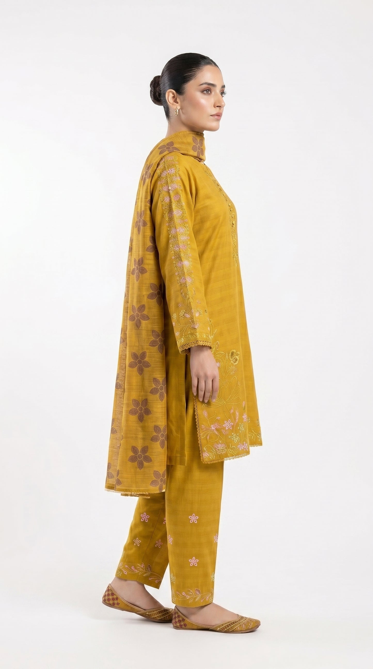 Mustard Floral Embroidered Suit Stich