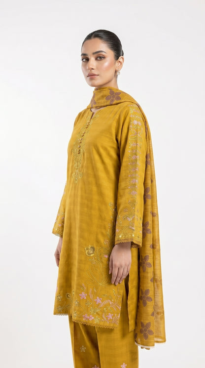 Mustard Floral Embroidered Suit Stich