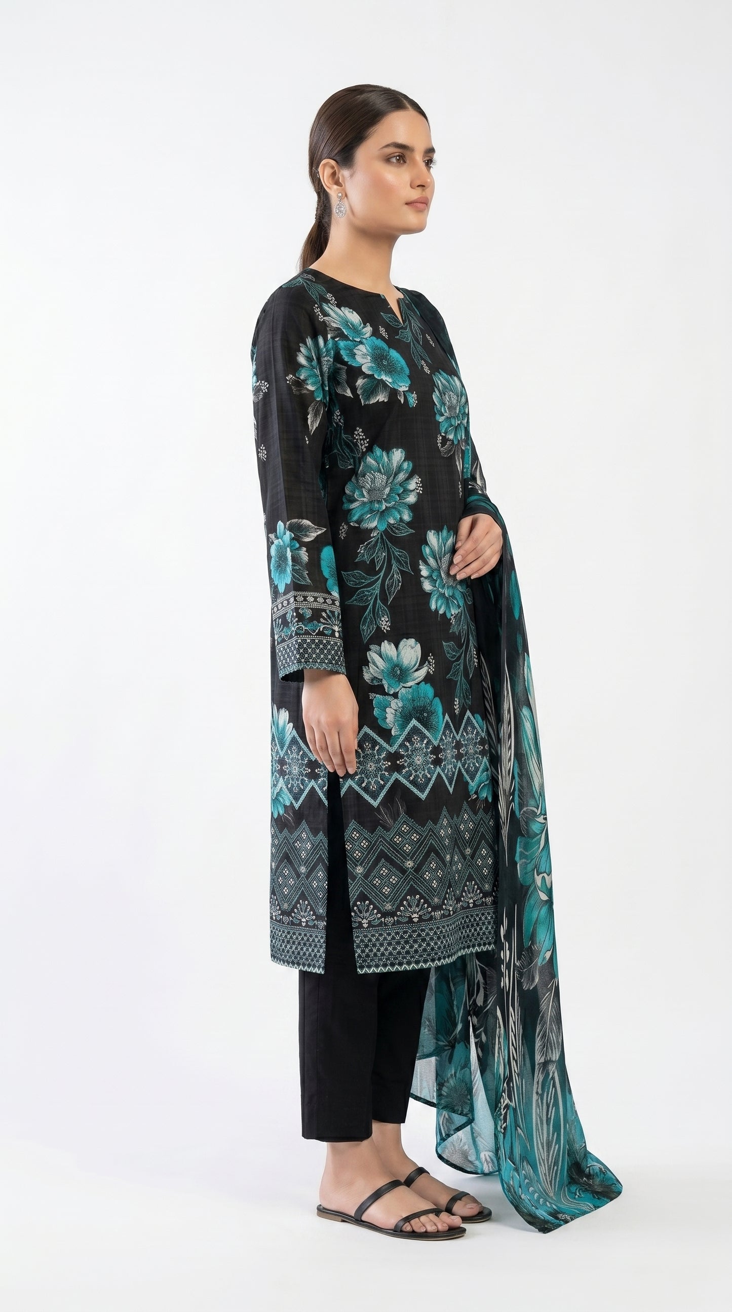 Black Blossom Lawn Suit unstiched
