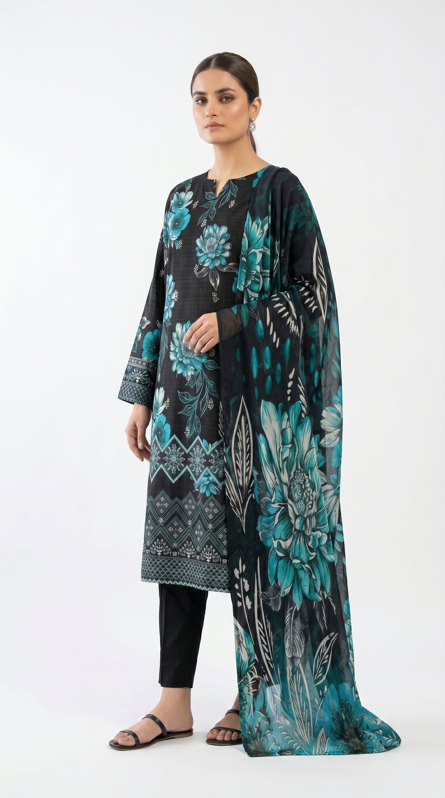 Black Blossom Lawn Suit unstiched