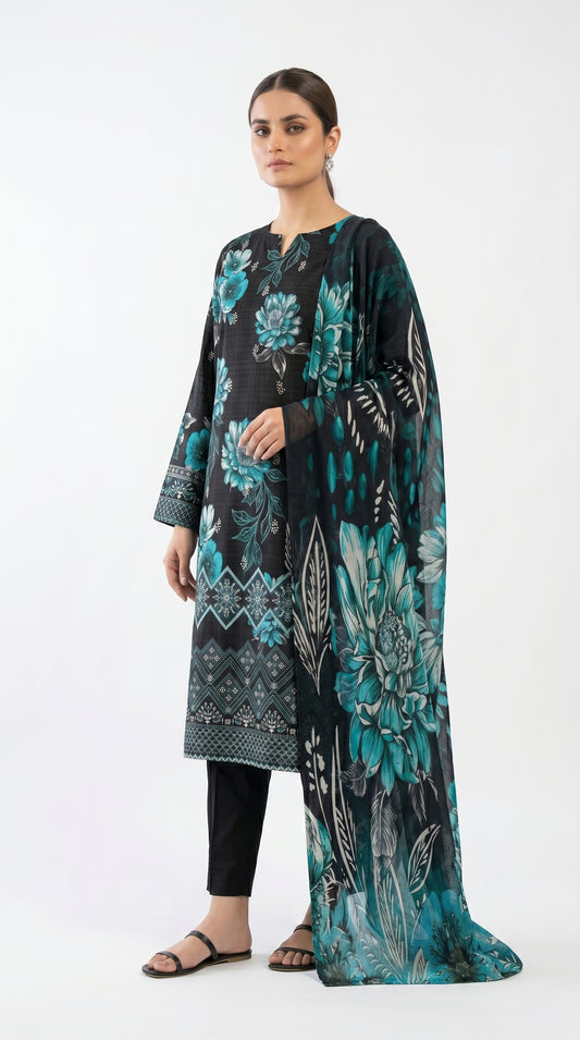 Black Blossom Lawn Suit unstiched