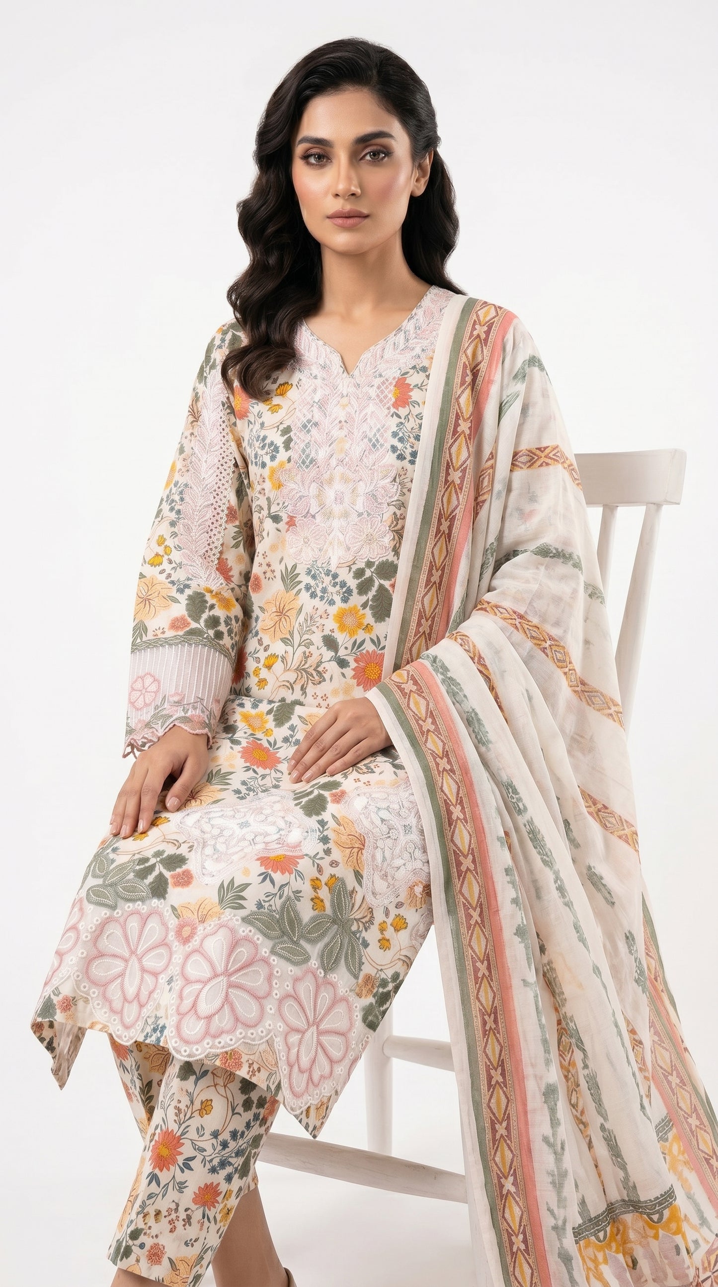 Ivory Multicolor Floral Lawn Suit Stich