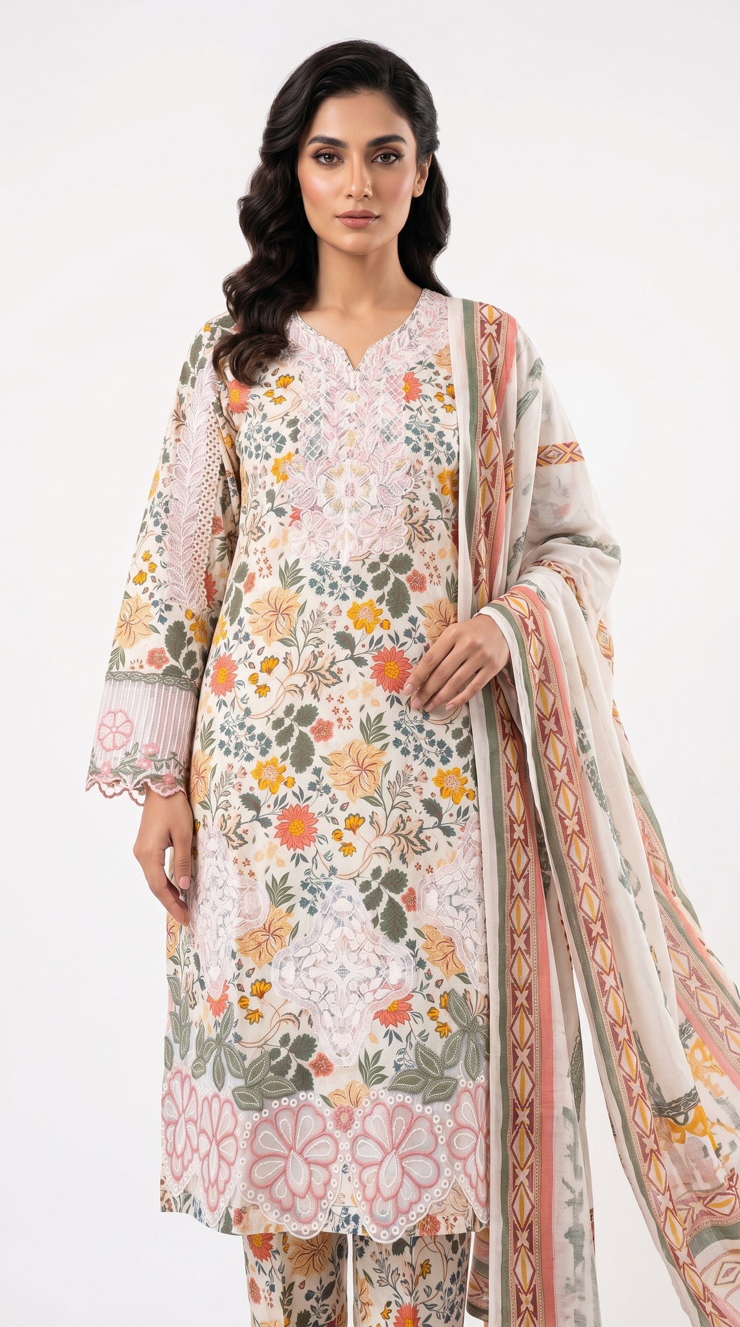 Ivory Multicolor Floral Lawn Suit Stich