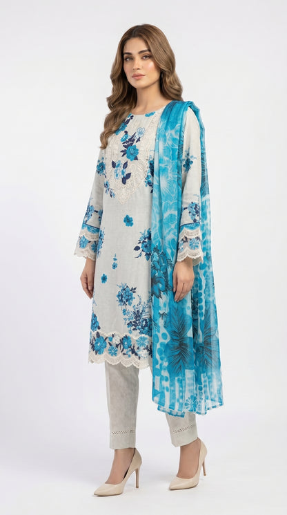 Blue Floral Cutshape Lawn Suit Unstich