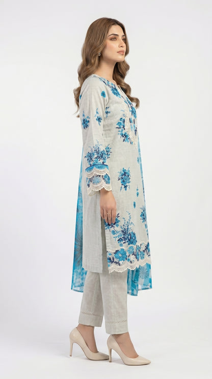 Blue Floral Cutshape Lawn Suit Unstich