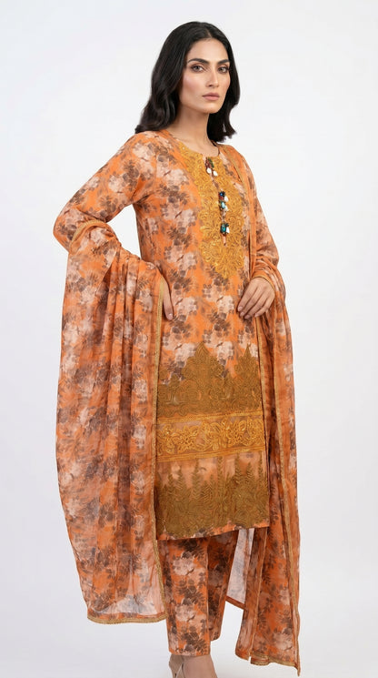 Rust Floral Embroidered Suit stich