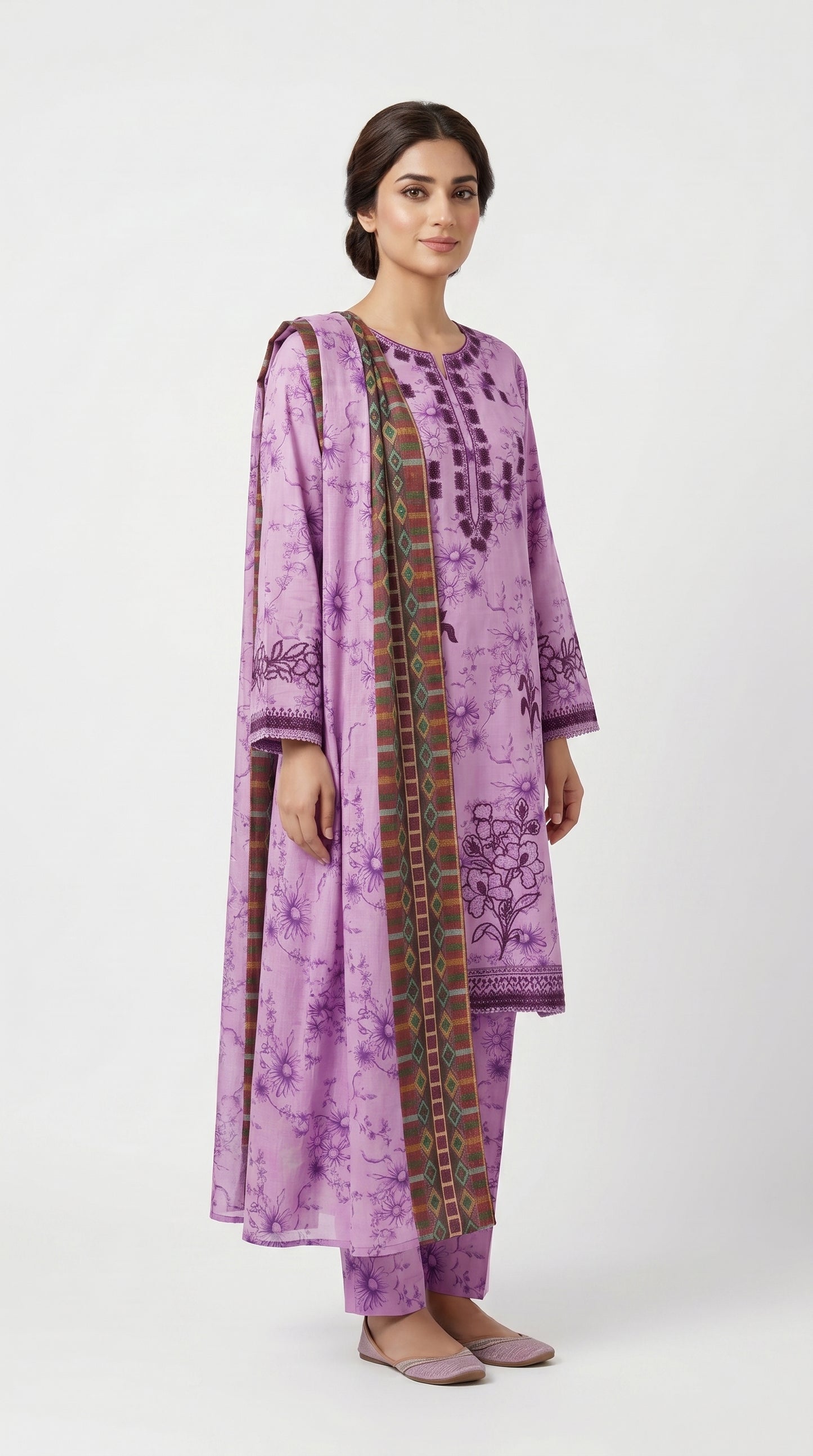 Pink Floral Printed Embroidered Suit stich
