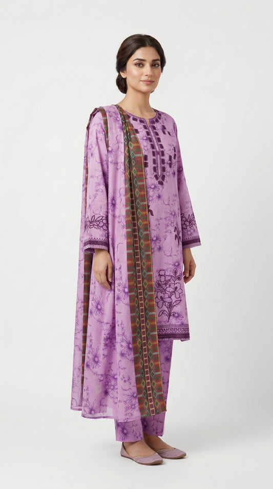 Pink Floral Printed Embroidered Suit stich