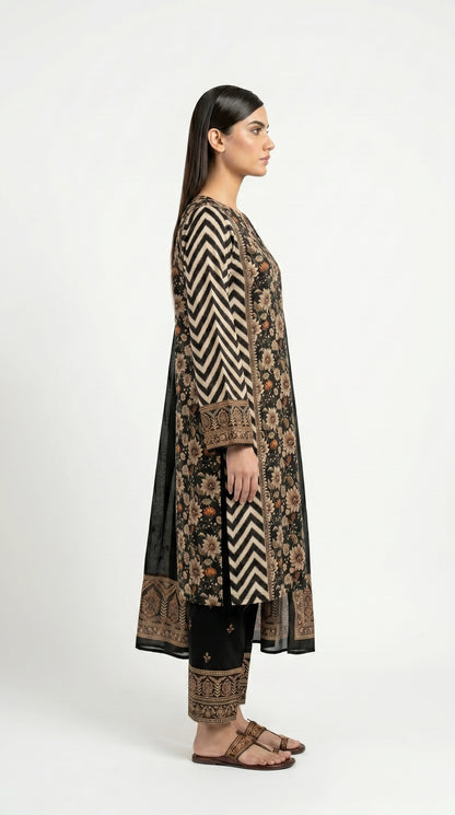 Black Daisy Floral Printed Suit Stich