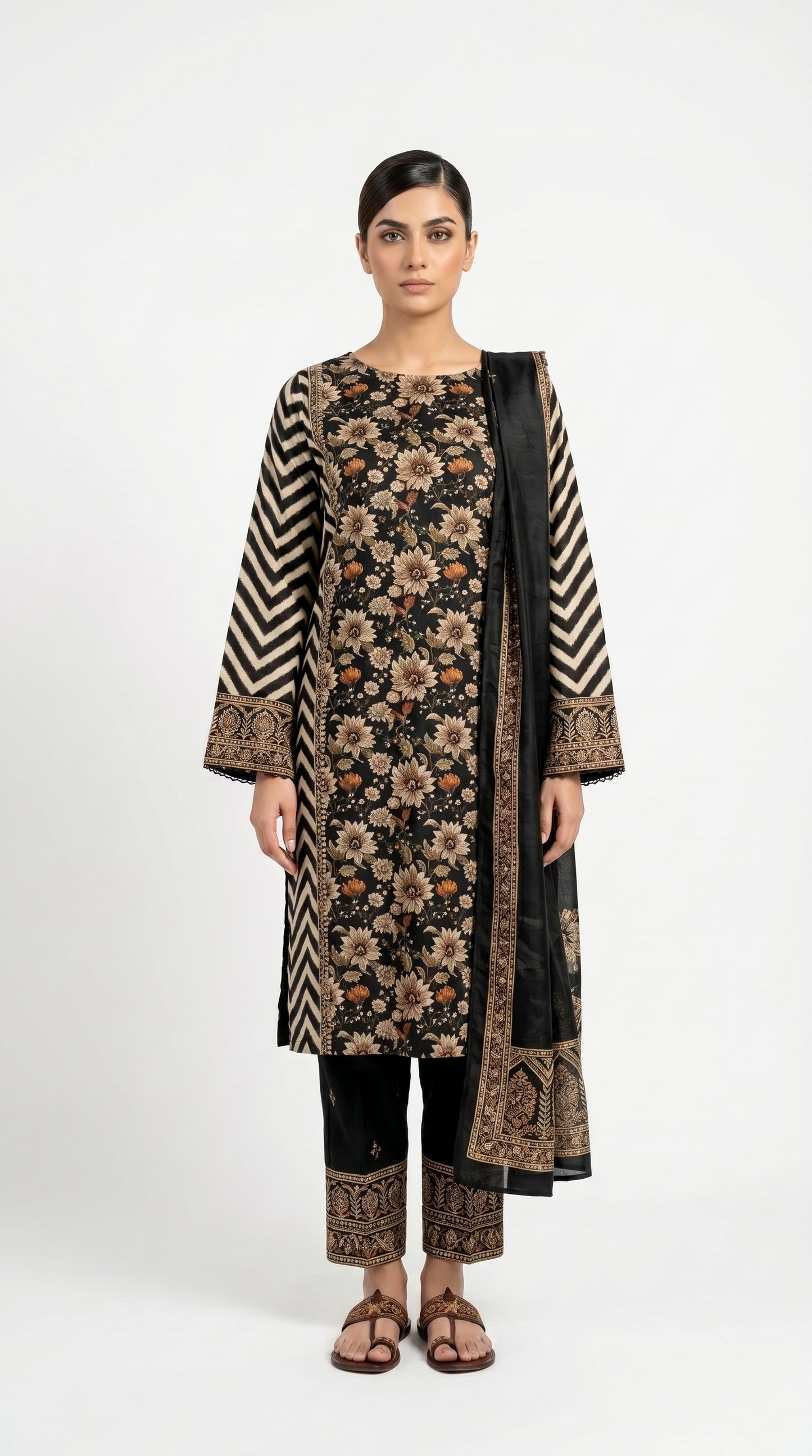 Black Daisy Floral Printed Suit Stich