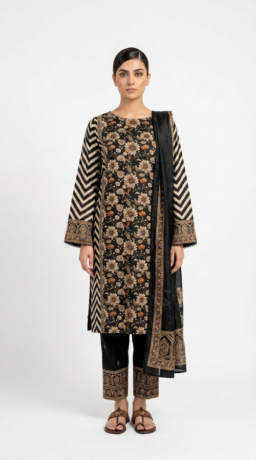 Black Daisy Floral Printed Suit Stich