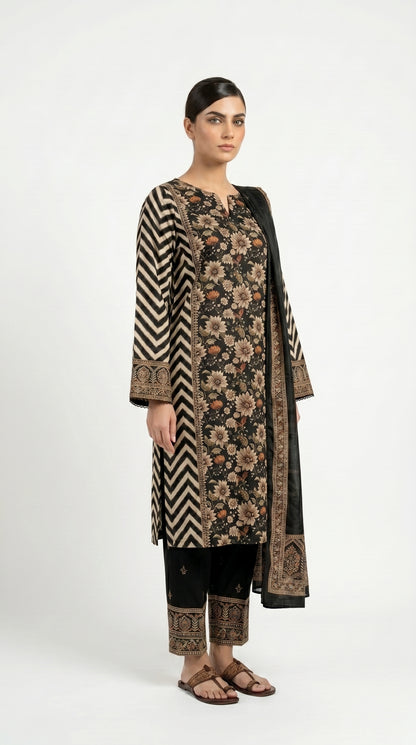Black Daisy Floral Printed Suit Stich