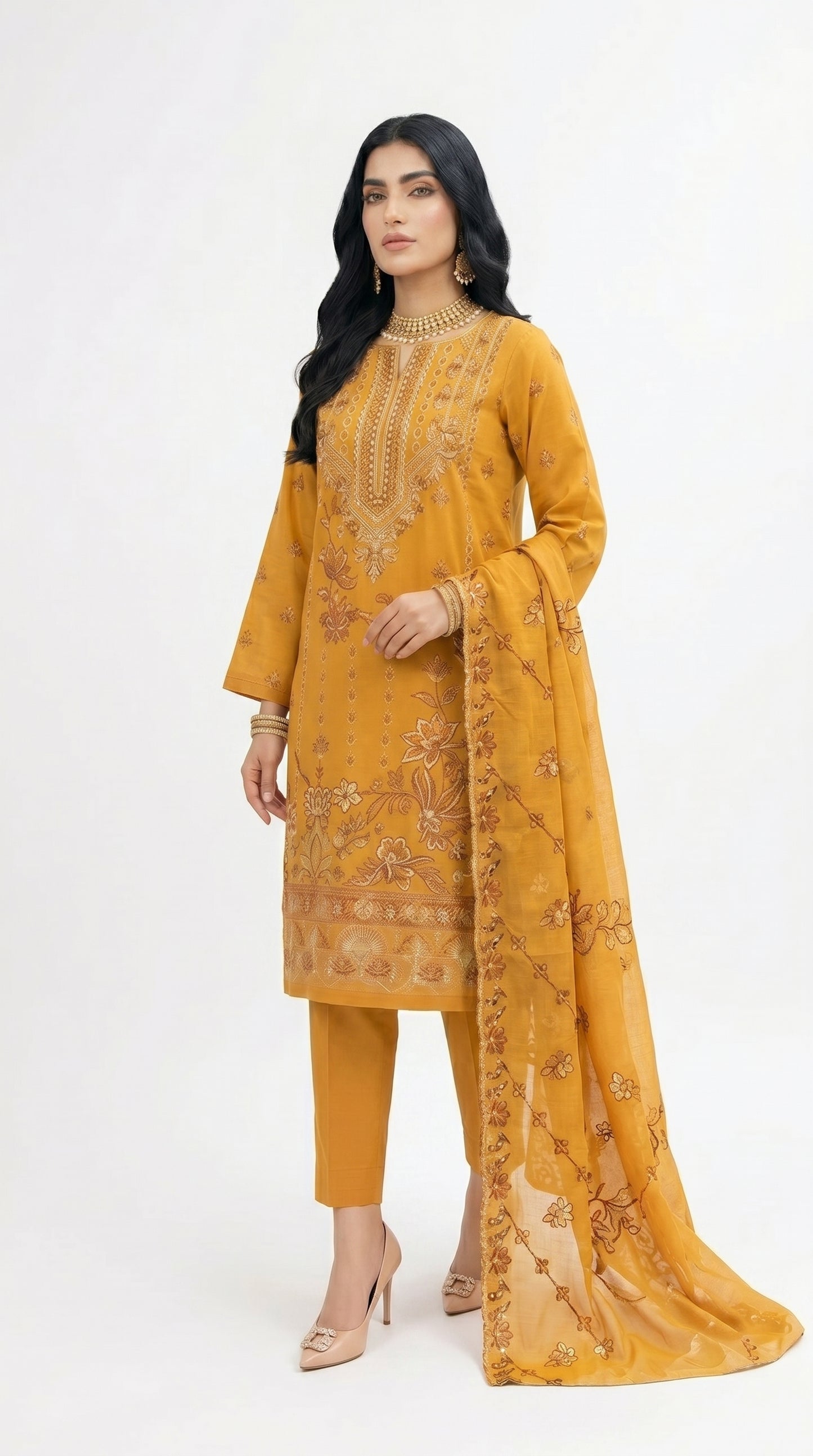 Mustard Heavy Embroidered Luxury Suit unstich