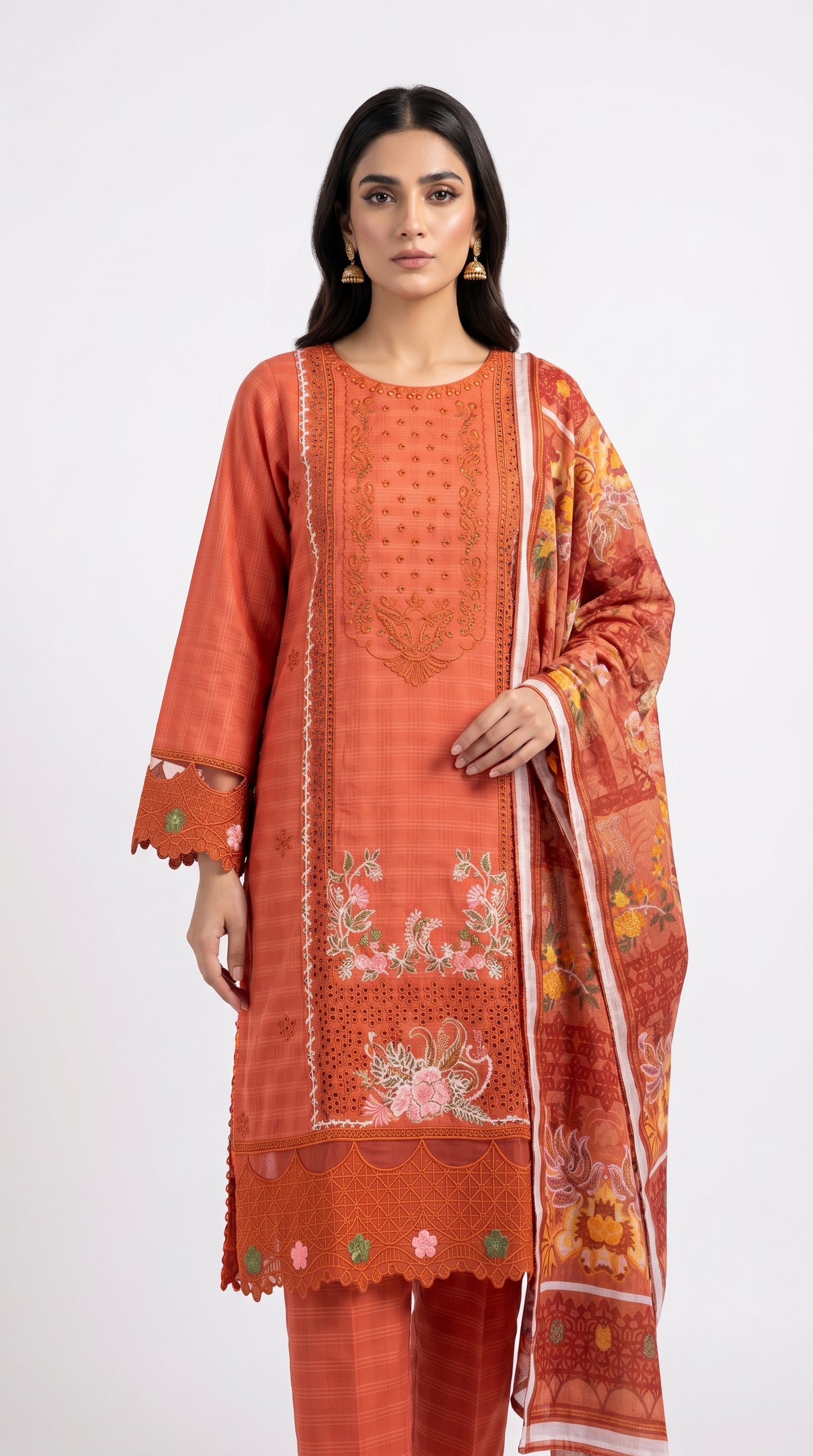 Orange Embroidered Lawn Suit Stich