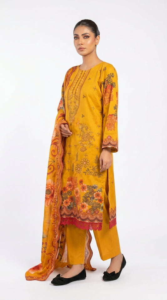 Mustard Floral Pima Lawn Suit unstich
