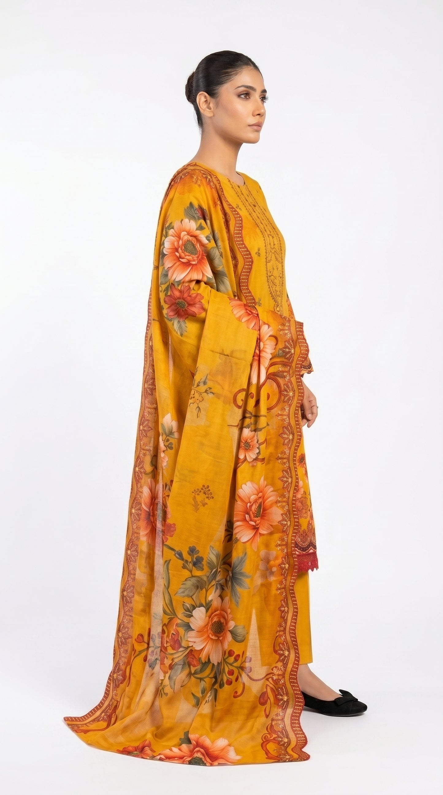 Mustard Floral Pima Lawn Suit unstich